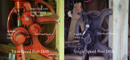 Comparison of a post drill with two-speed back gear, and a single speed post drill.
